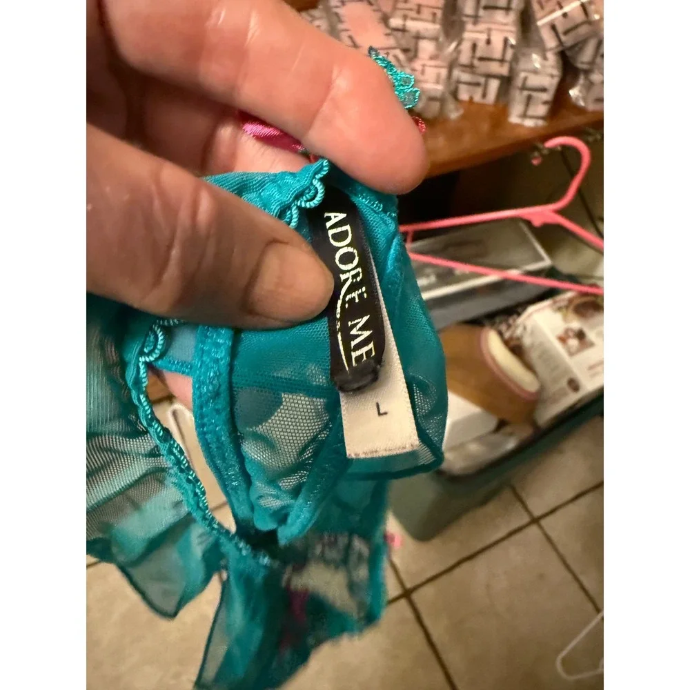 Adore Me Teal Pink Floral Lace Lingerie Set Bra 36B Thong Large Bow‎ Accents